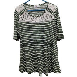 OSO Casual Womens A Line Tunic Top Large Green White Striped Lace Detail Casual